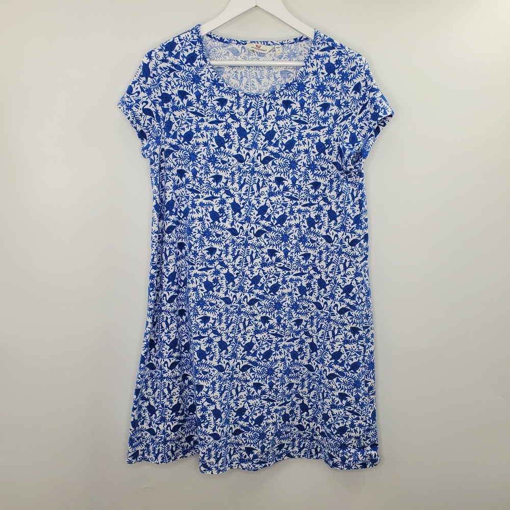 Vineyard Vines Blue Tropical Ocean Turtle Flamingo Printed Shirt Dress Blue